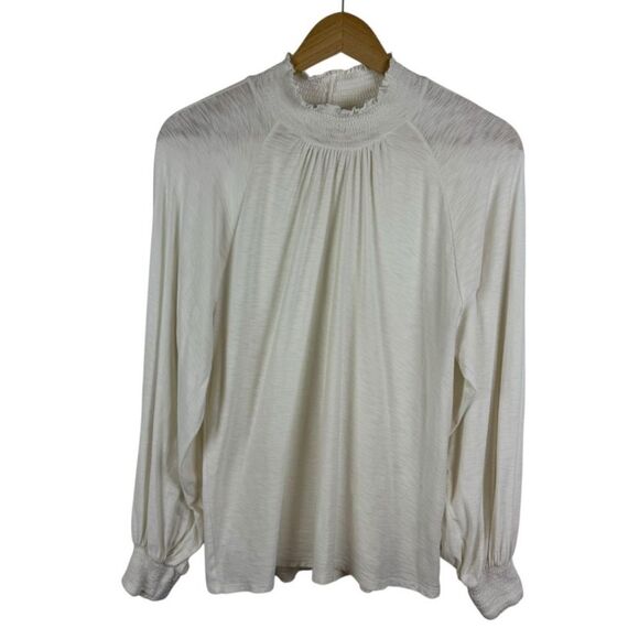 Nation LTD Melanie Smocked Mock Neck Top XS Off White Long Sleeve Pima Cotton - Picture 4 of 10